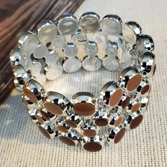 Retro Mid Century Modern Style Wide Acrylic Stretch Bracelet Brown Silver - Picture 3 of 8